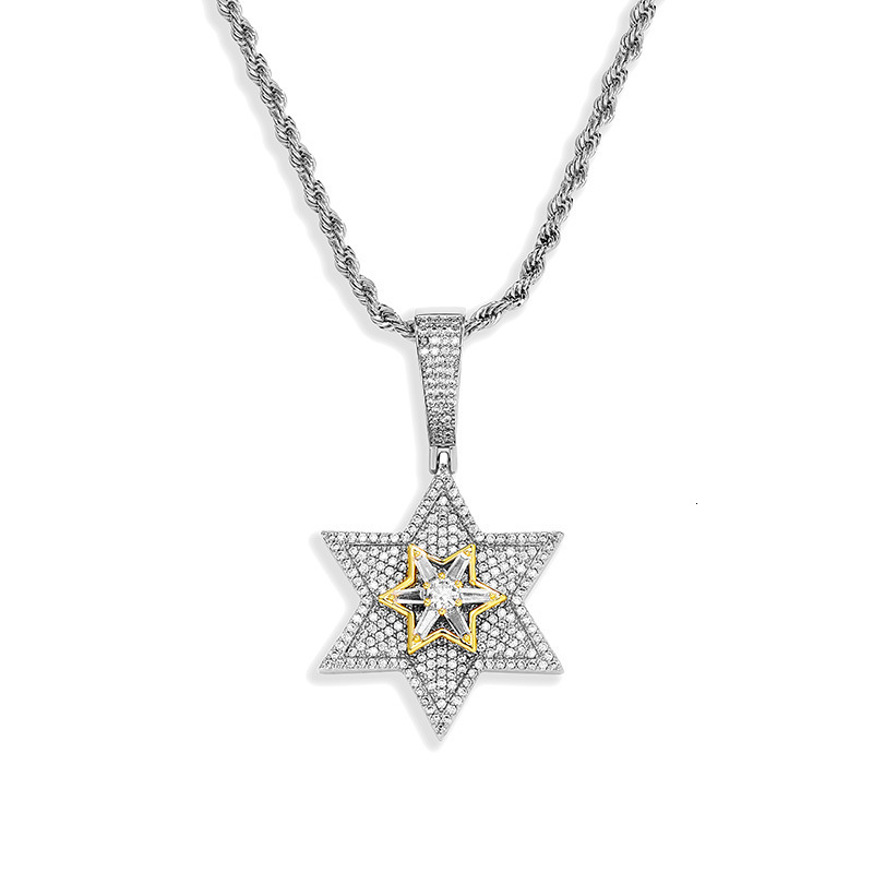 New In 14k Gold Hip Hop Diamond Rotating Hexagonal Star Pendant Necklace Full Bling Cubic Zirconia Trendy Streetwear Jewelry Gifts For Men And Women C