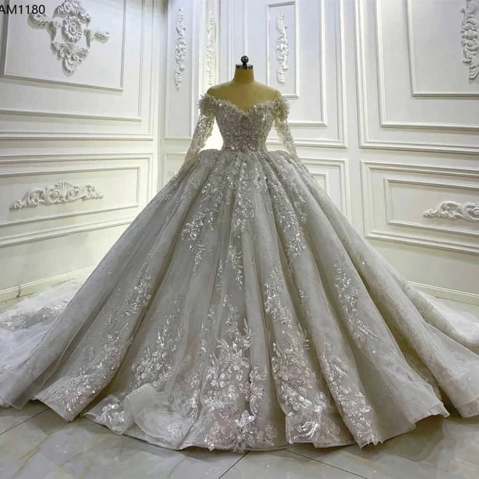 Luxury Full Beading Lace Long Sleeves Wedding Dresses Sequined High Neck Bridal Gowns Custom Made Glitter Vestido de novia