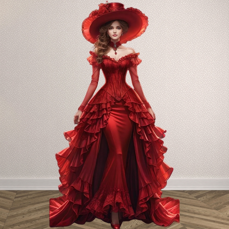 Vintage Victorian Red Mermaid Prom Dresses With Peplum Trains Off Shoulder Full Sleeves 1860's Gothic Evening Gown 2025