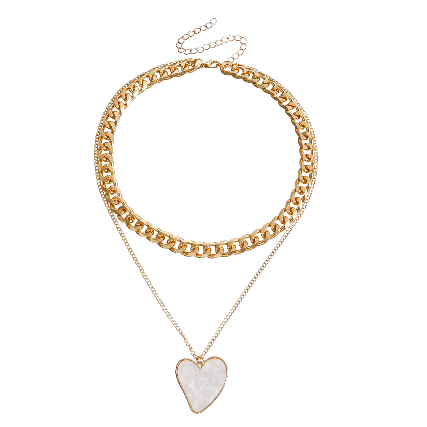 Jewelry Double Layer Geometric Heart White Mother-of-Pearl Pendant for Women Metal Thick Aluminum Chain Necklace Jewelry for Women