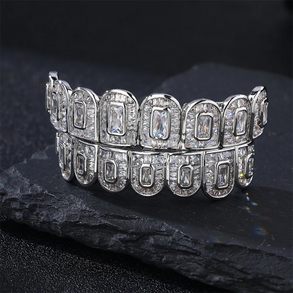 D Z Hip Pop Full Iced Out Square Cubic Zirconia Stones Grills Teeth For Men Women Rapper Fashion Jewelry 250606