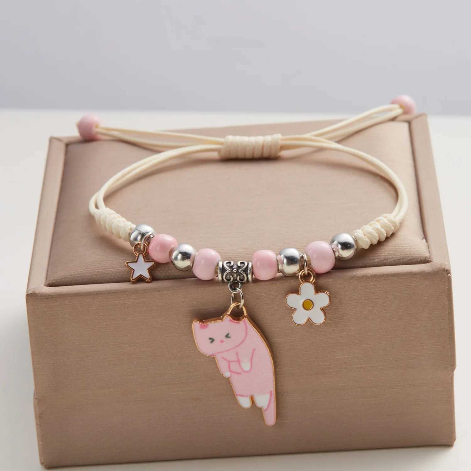 Cartoon Enamel Cat Flower Bracelet for Girls Kids Wen Charm Pet Pendant Strap Rope Bracelets Handmade Friendship Jewelry X250625