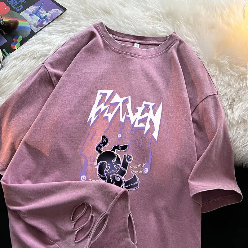 Stylish Hole Washed T-shirt Street Couples Short-sleeved Tops Men Women Round Neck Loose T-Shirt 250618