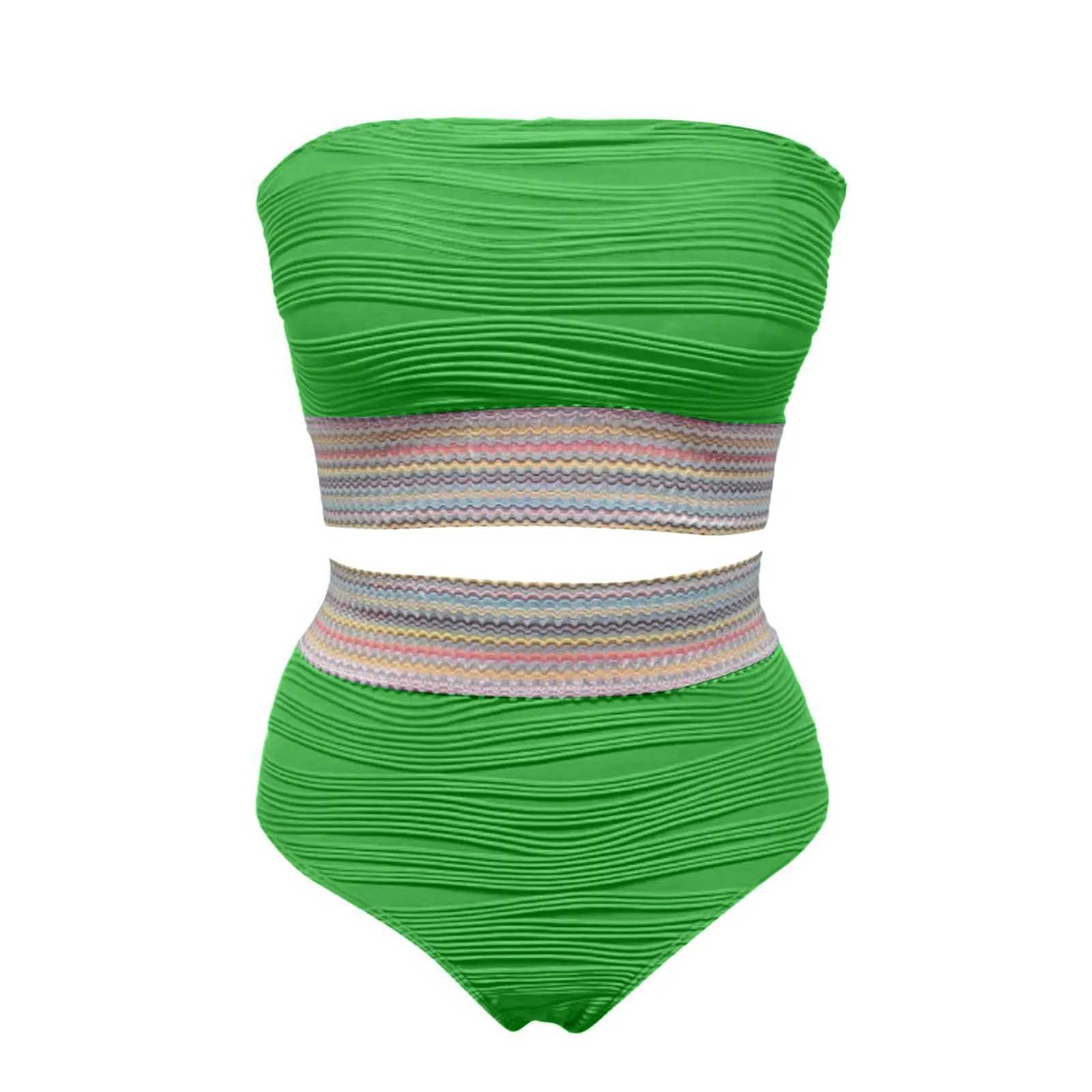 Strapless Women Two Piece Swimwear Tankinis Set Patchwork Ribbed Bandeau Bikini Swimsuits Detachable Strap Women Bathing Suit XJ250624