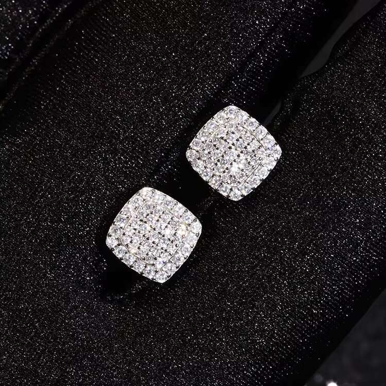 Trendy Square Style Earrings Jewelry 925 Solid Silver GRA Round Moissanite Diamond Stud Earrings for Man Women
