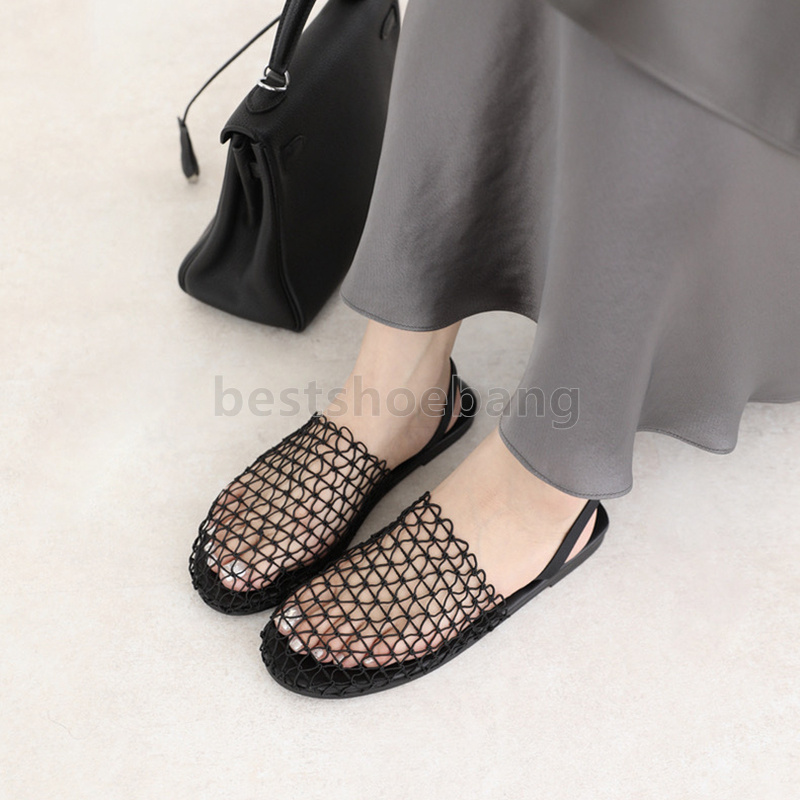 designer sandals flats heels weave mesh womens sandal hollow out slides mules non-slip slippers fashion summer sandale elegant fishnet shoes