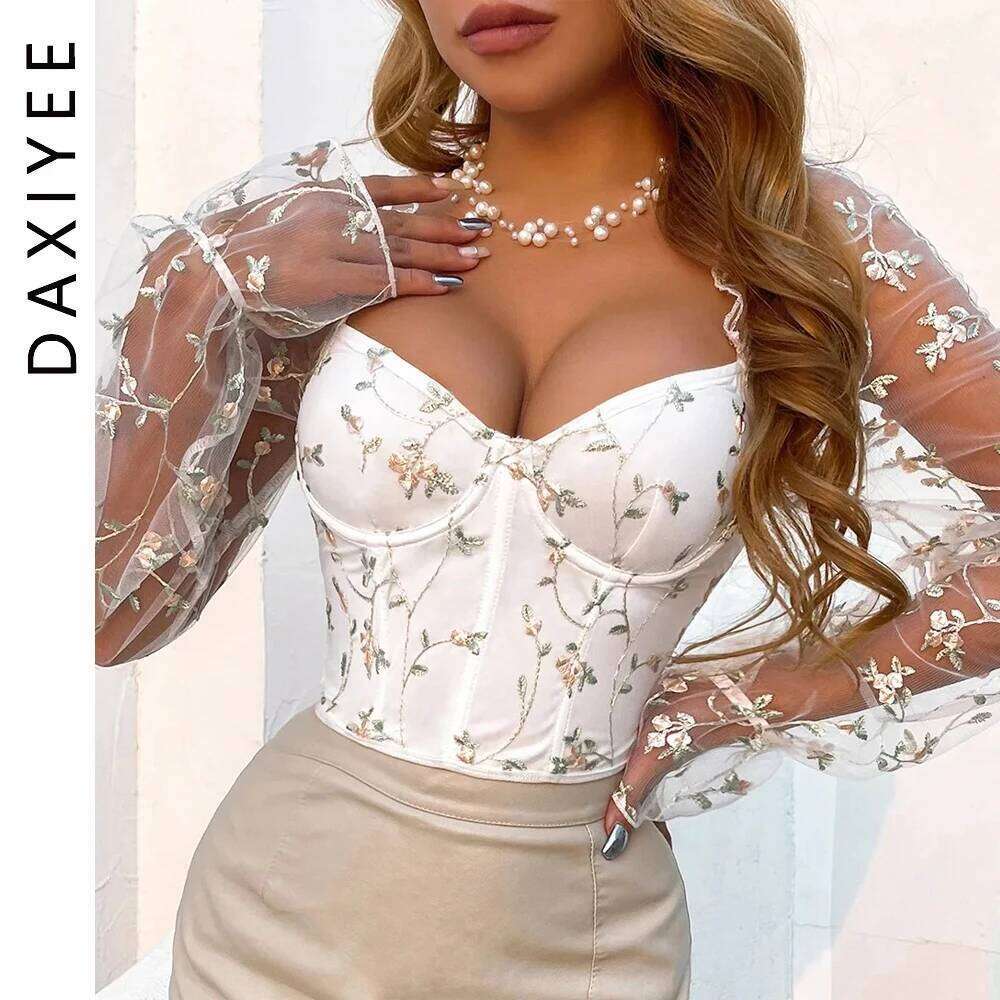 Sexy Spicy Girl Mesh Long Sleeve Corsets Shaper Flower Embroidery Bustiers Fishbone Slim Fit Fashion Versatile Women Corset Top