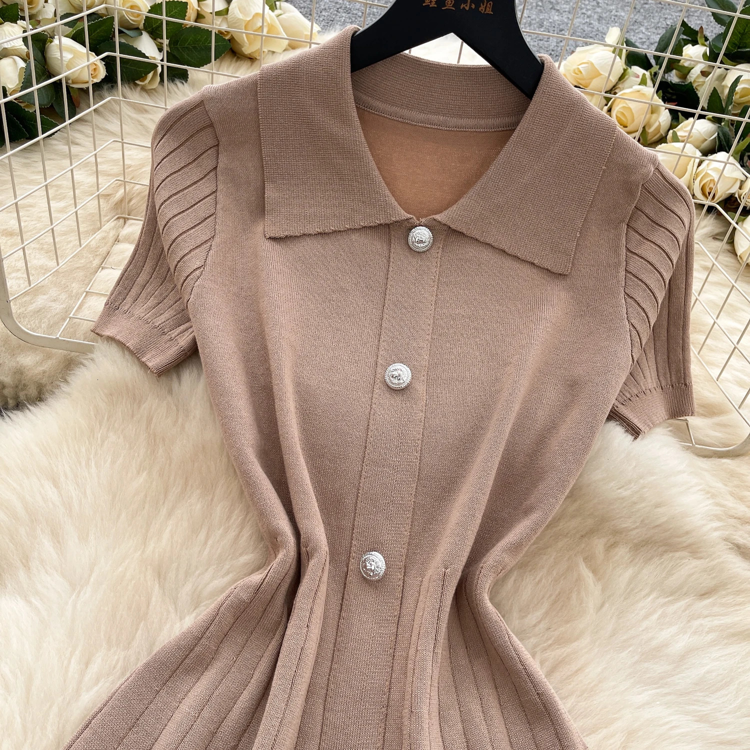 Chic Elastic Knit Polo-Neck Ruched button Elegant Korean Fashion Vestidos Summer Slim Dress 250618