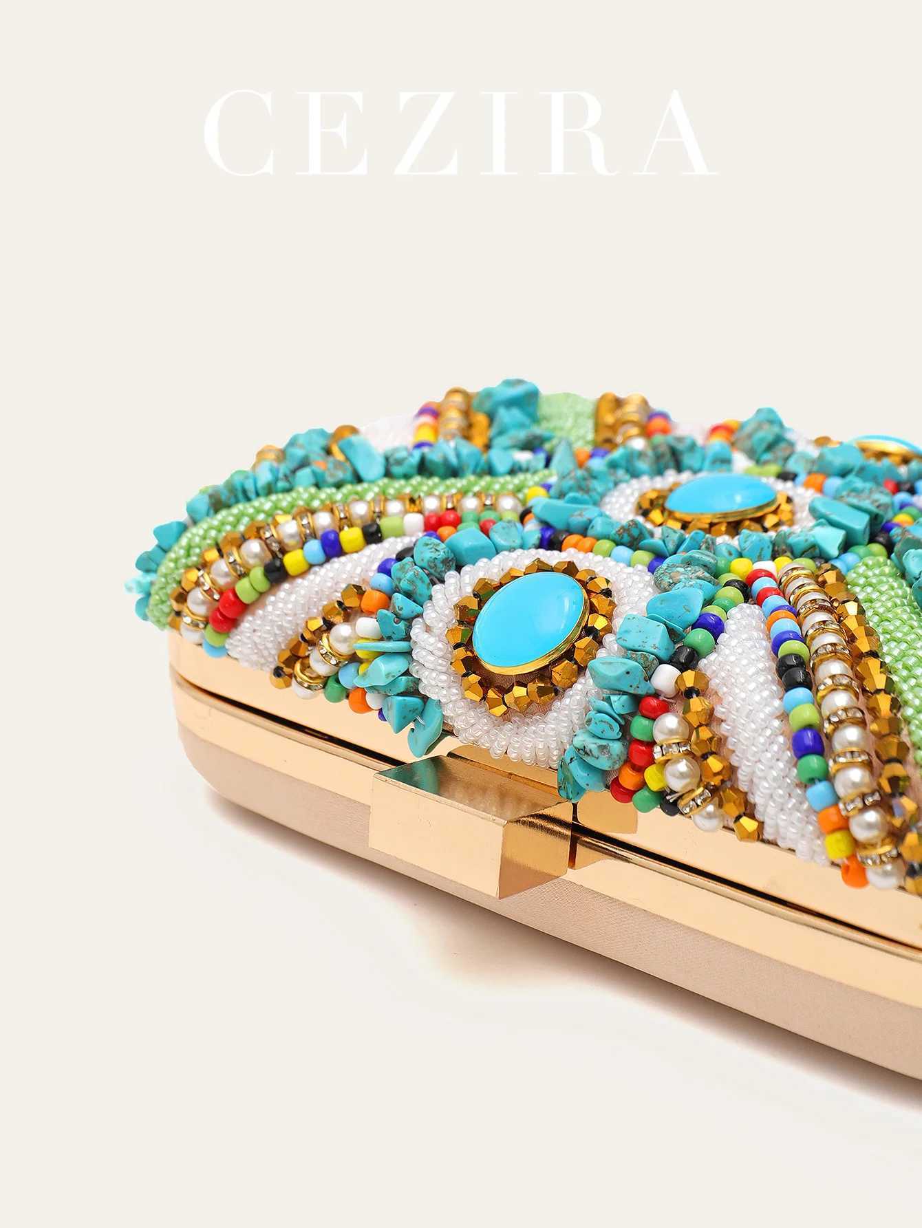 Womens Glamorous Luxury Colorful Beads Pearls Clutch Metal Frame Case Evening Bag Long Chain Purse Party Holiday Travel Tribal M250625