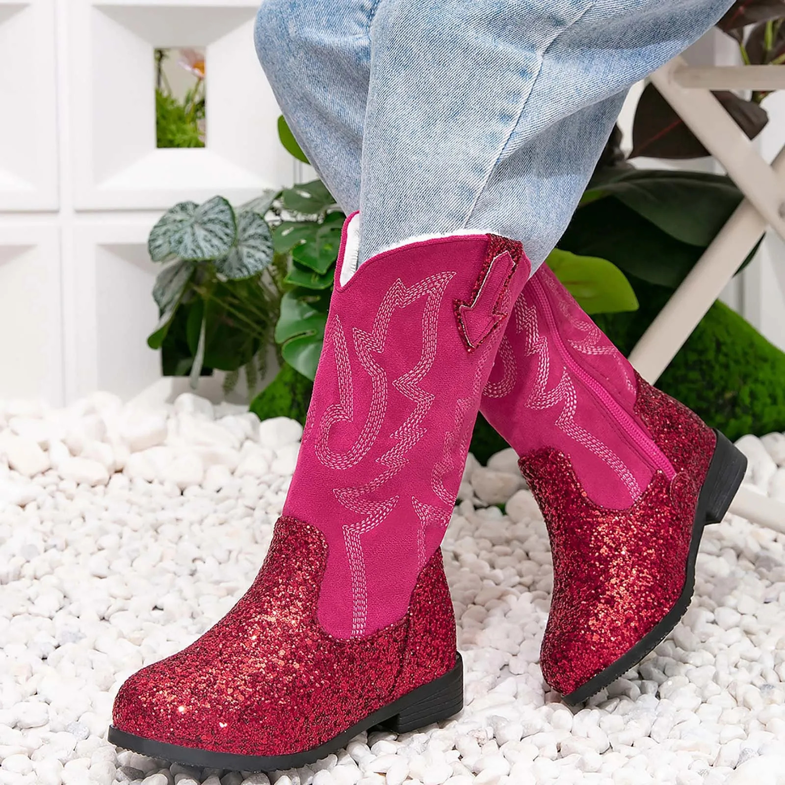 Toddler Snow Gear Girls Boots Mid Calf Round Toe Glitter Toddler Western Cowboy Boot Little Kid Big Kid Riding Girls Boot Size 4 250624