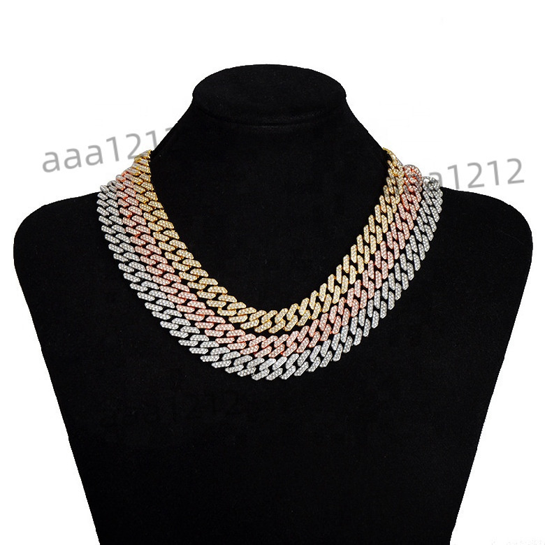 Luxury Minimalist Hip Hop Jewelry Iced Out Crystal Zircon 12mm Miami Cuban Link Chain Choker Necklace for Men