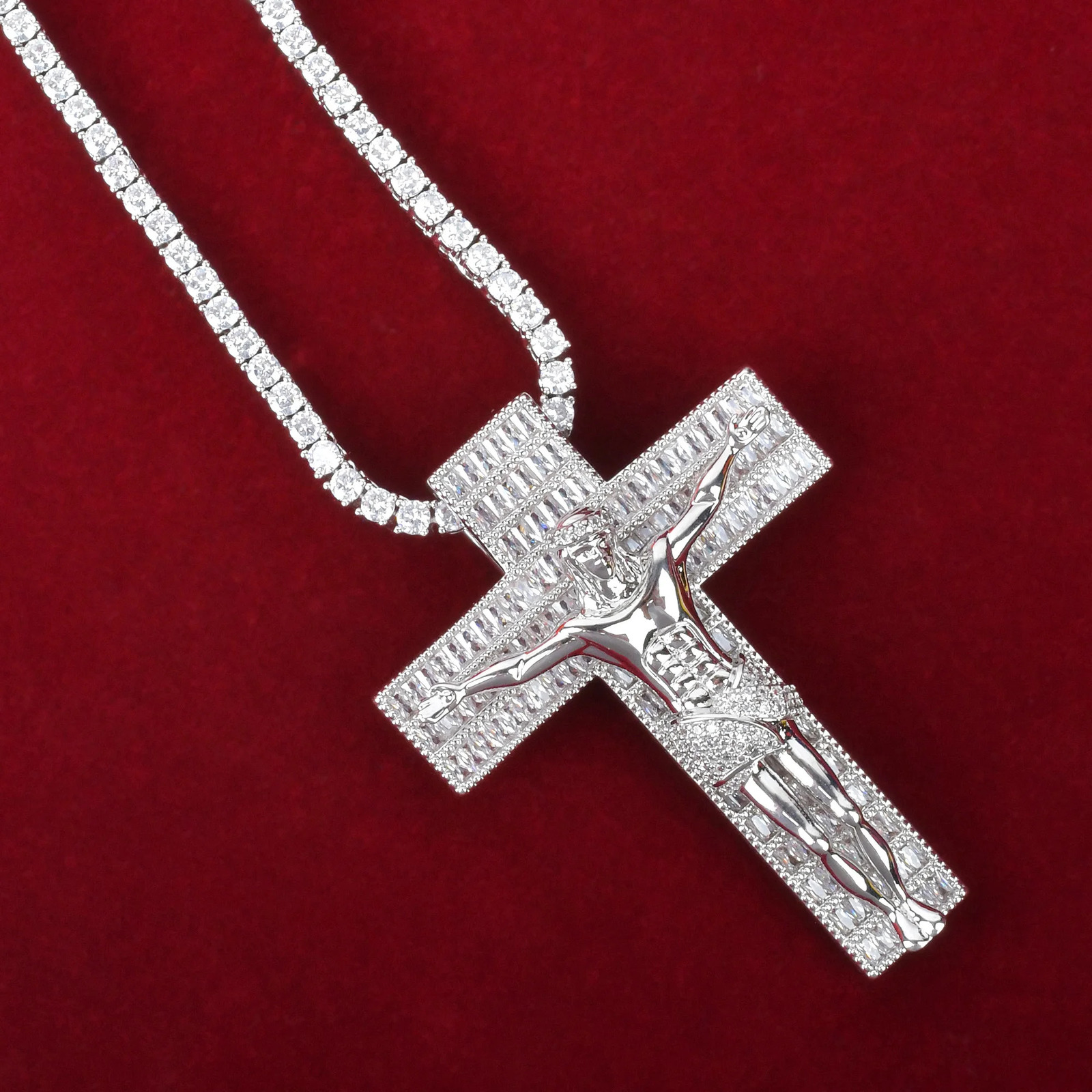 Baguette Cross Pendant for Male with Jesus Necklace AA Cubic Zirconia Hip Hop Rock Jewelry 250609