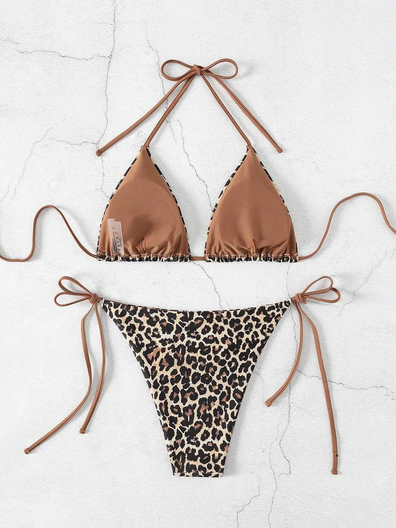 Summer leopard print sexy suspender bikini swimsuit set suitable for women XJ250624