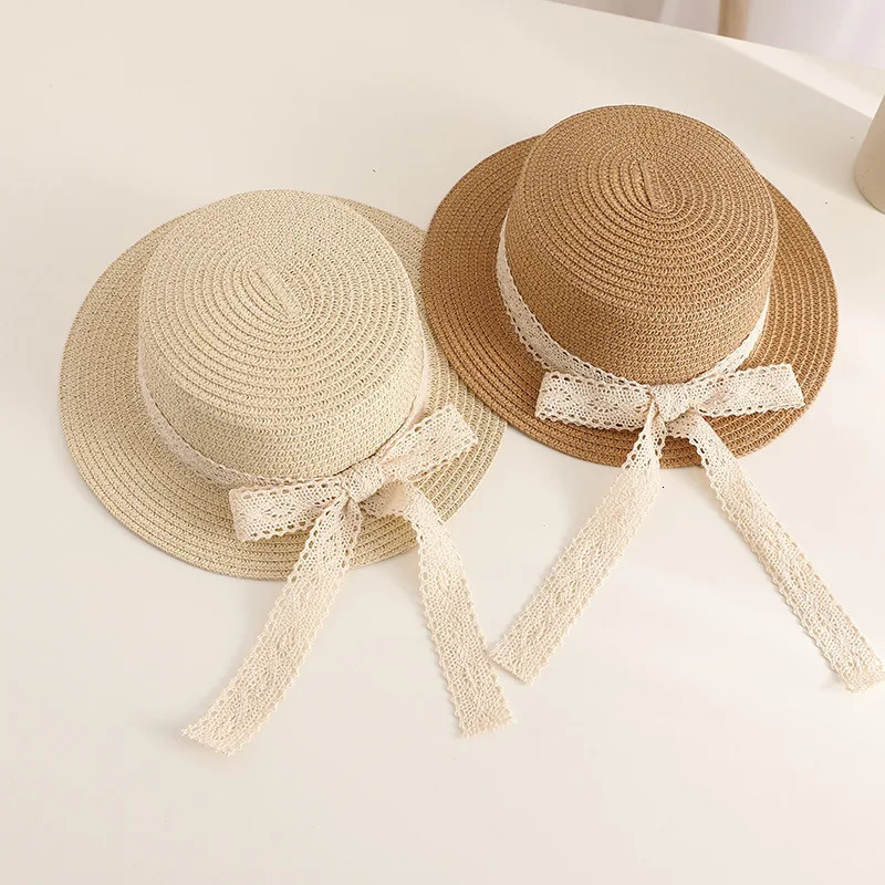 Cute Bow Lace Girls Straw Hat Spring Summer Breathable Sunshade Kids Sun Hat Outdoor Travel UV Protection Children Panama Cap 250624