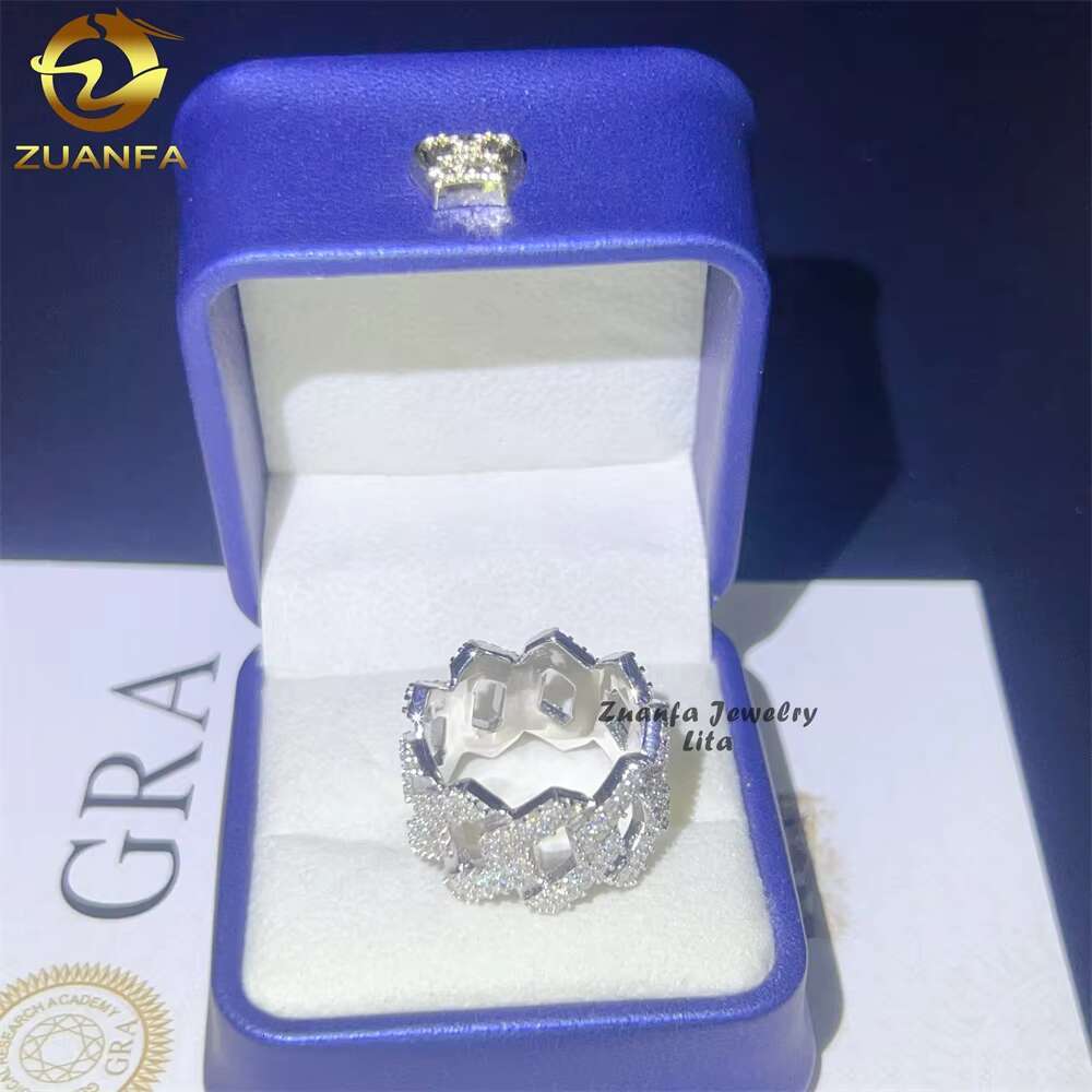 High Quality Fine Jewelry Fashion Hip Hop 2 Rows Cuban Diamond 925 Sterling Silver Moissanite Rings