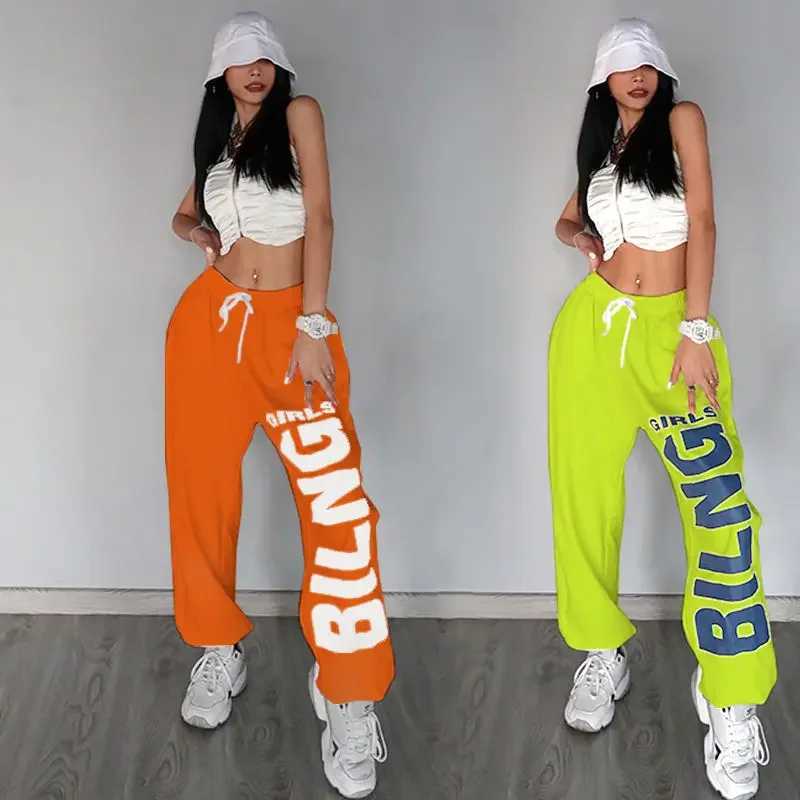 American retro letter print trousers womens 2021 new sports hip-hop trend casual pants dance jazz performance loose pants X250625