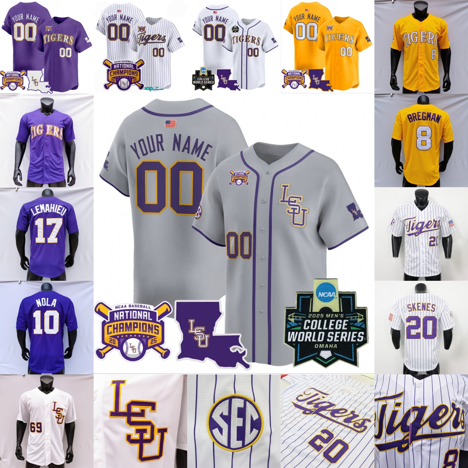 2025 WS Patch College LSU Jersey Baseball Alex Bregman Paul Skenes Daniel Dickinson Zac Cowan DJ LeMahieu Dylan Crews Reaves Evans Curiel Frey Jones Milam Nola