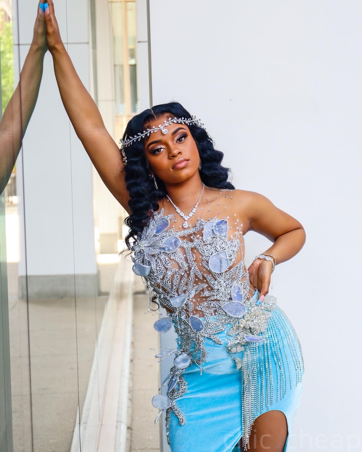 Sky Blue Mermaid Prom Dresses 2025 Lace Florals Crystals Velvet Evening Formal Party Second Birthday Engagement Gowns Plus Size Dress For Special Occa