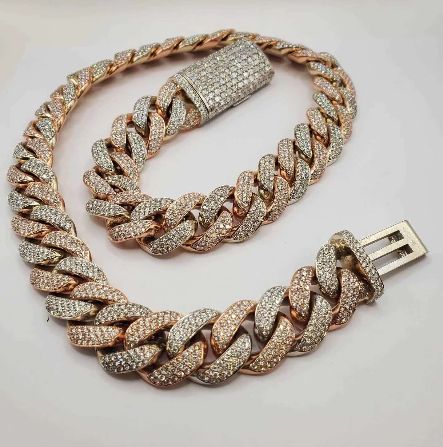 Custom Heavy Bling Moissanite Cuban Chain in 925 Sterling Silver Rose White Gold Plated Iced Design-for Party Occasions