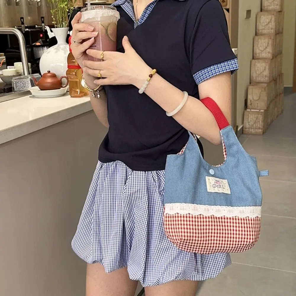 Korean INS Sweet Lace Handbag Leisure Denim Plaid Tote Bags Portable Bag Commuting Bag Denim Plaid Canvas Tote Bags Womens Bag 250624