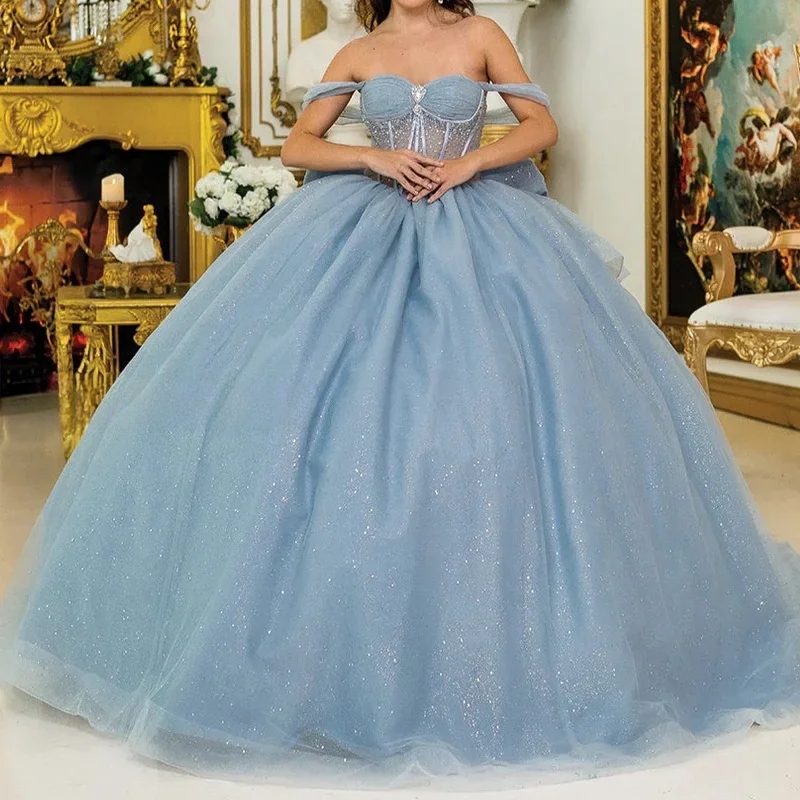 Blue Glitter Princess Quinceanera Dresses Beads Bow Crystal Tull Sweet 16 Dress Ball Gown Vestidos 15 De XV Anos