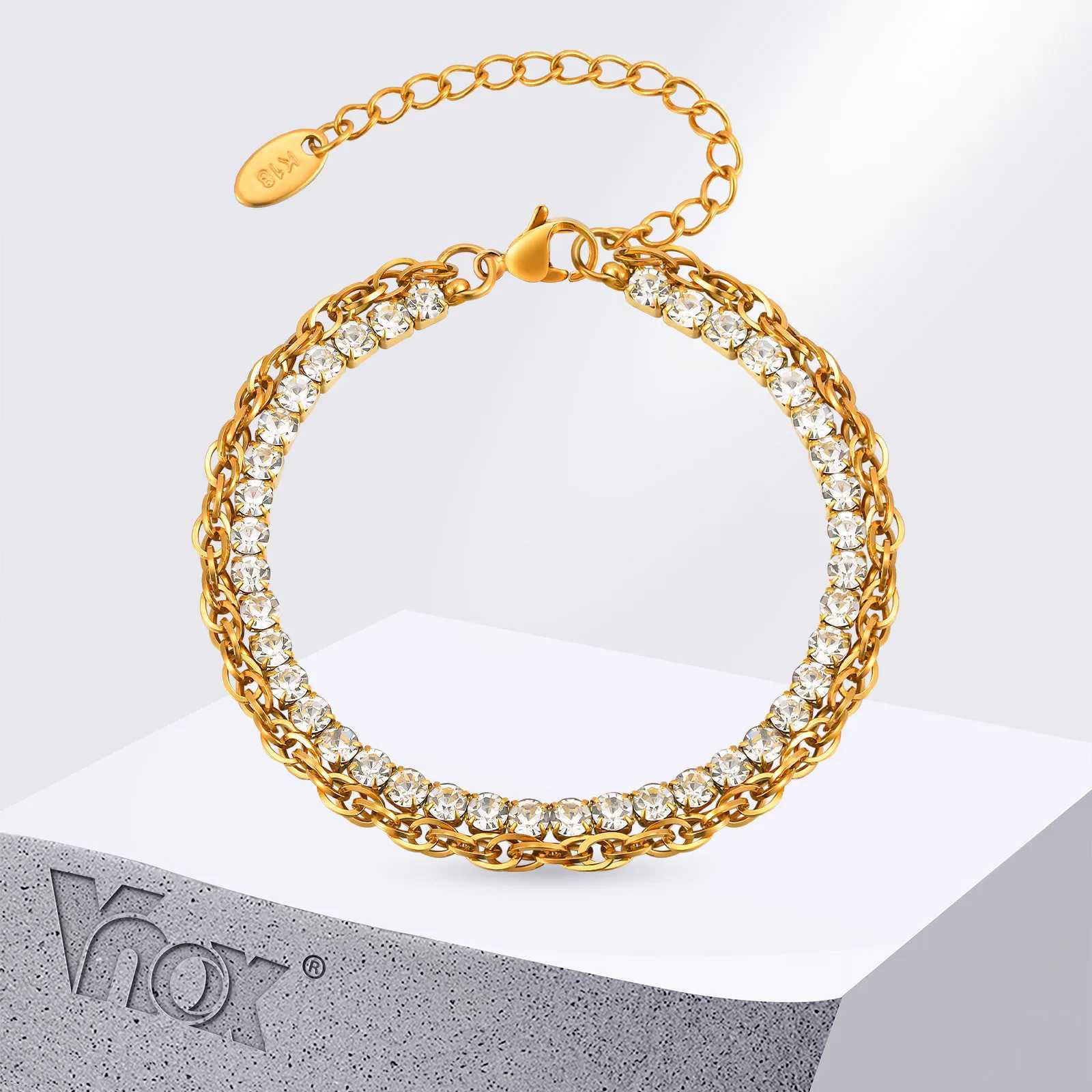 Vnox Stainless Steel Cubic Zirconia Chain Bracelet For Women Double Layer Twist Chain Charm Bracelet Luxury Jewelry Girls Gifts X250625
