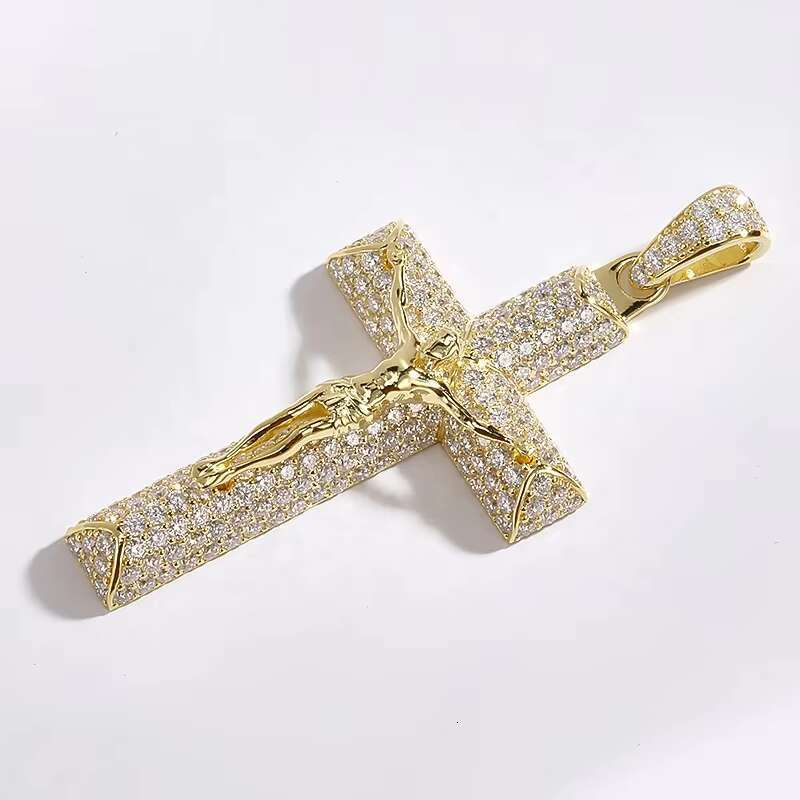 AAA GEMS Hip Hop Jewelry Large Men 925 Sterling Silver VVS Moissanite Diamond Gold Jesus Crucifixion Cross Pendant
