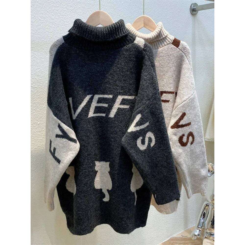 Women's Oversized Sweater Knitted Autumn Winter Turtleneck Cute Cat Print Knit Pullover Warm Sweaters for Women C-062