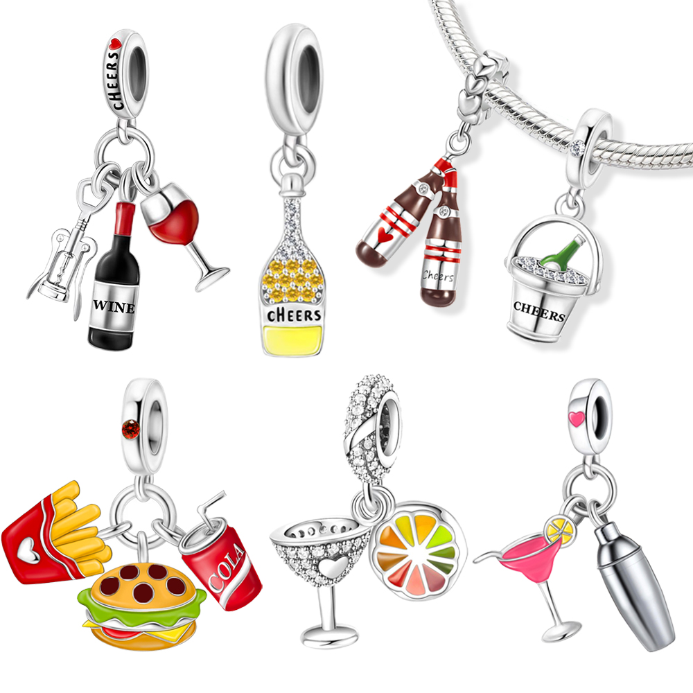 FewDook 2025 New Summer Juice Red Wine Series Wine Glass,Drink,Glass Cheers Dangle Charm Fit Pan Charms Fine Bracelet DIY Party Jewelry Designer for W