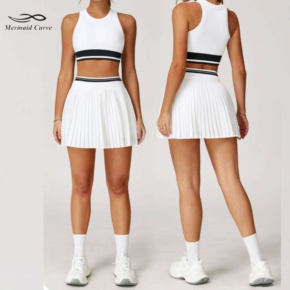 TZ5062 Color Blocking Splicing Tennis Badminton Women High Waist Short Skirt & Yoga Bra 2 Pcs Cheering Squad Running Suit