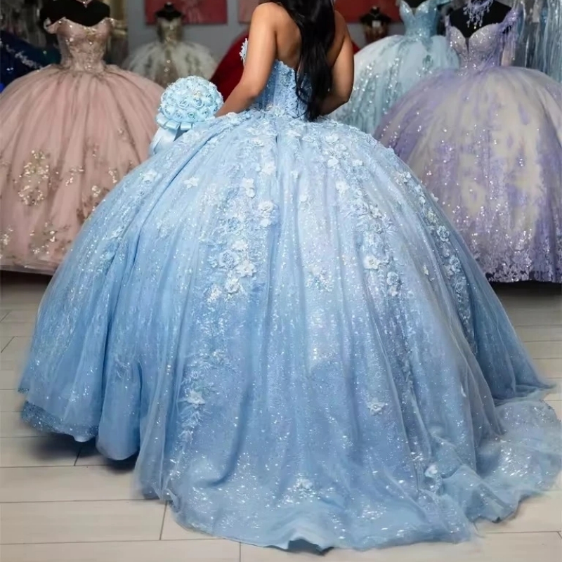 Sky Blue Glitter Quinceanera Dresses Appliques Sequined Beading With Cape Sweet 16 Dress Party Gown Vestidos De 15 Anos