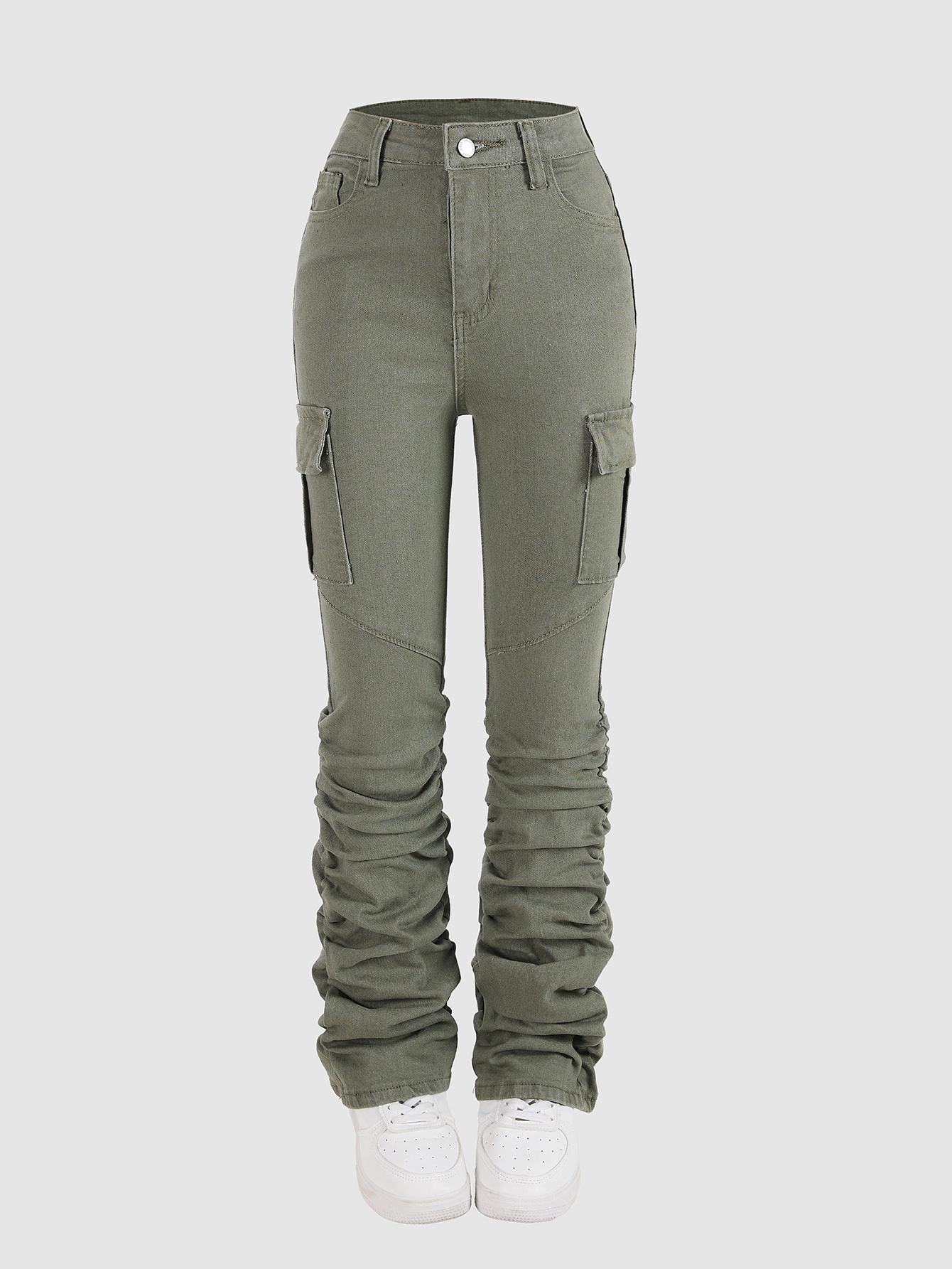 Girls' Military Green Workwear Denim Pants - Fashionable Long Jeans for Kids