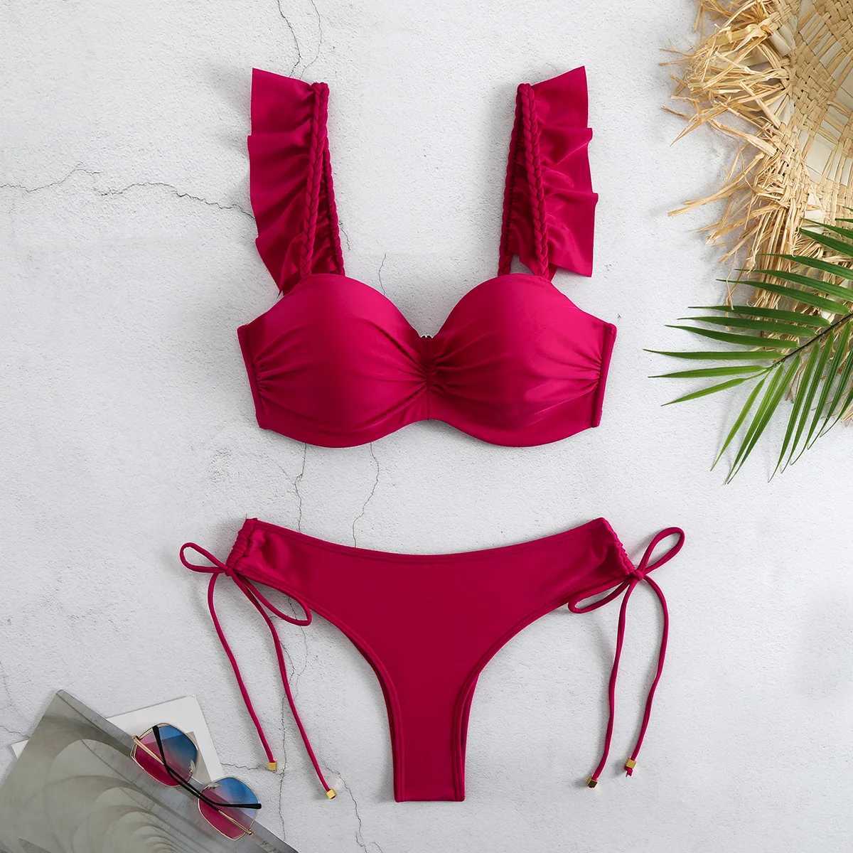 2024 New Push Up Sexy Bikini Set High Waist Swimsuit Women Swimwear Mujer Lace Ruffle Bandage Bathing Suit 2 Piece Set Swimming XJ250624