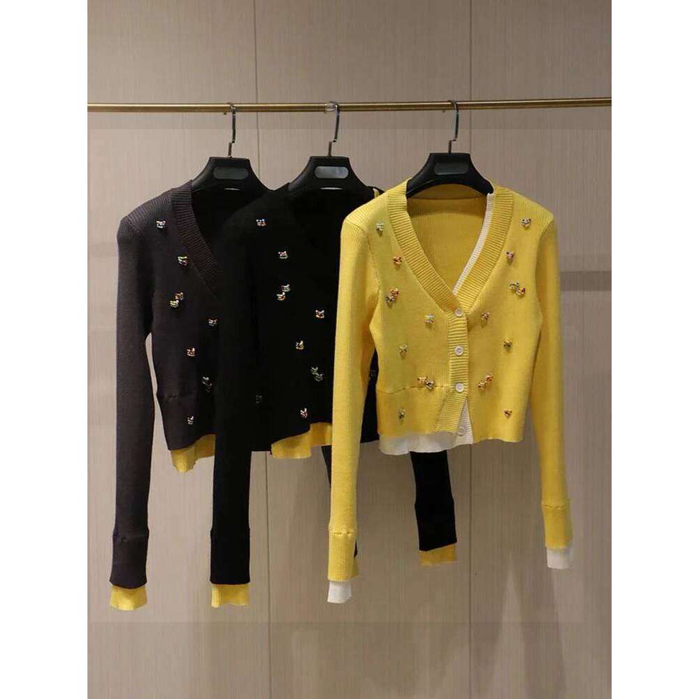 Autumn Winter Beading Cardigan Sweaters For Women V Neck Knitting Tops Loose Sleeve Knitwears Jersey Mujer Yellow 2025 New C-028
