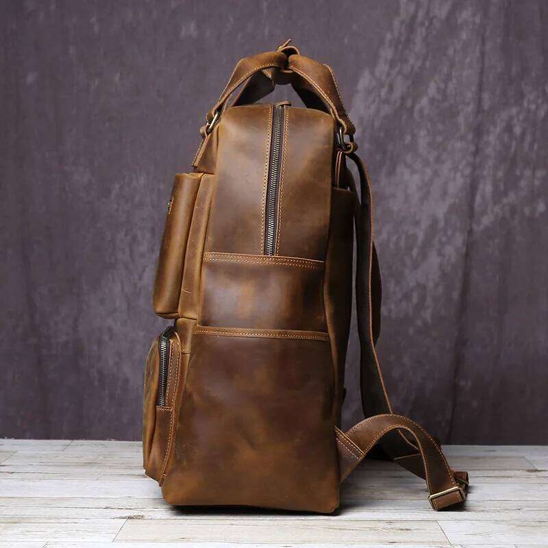 JLFGPJ Handmade Vintage Crazy Horse Leather Large Capacity Backpack Men's Genuine Cowhide Business Travel Computer Bag