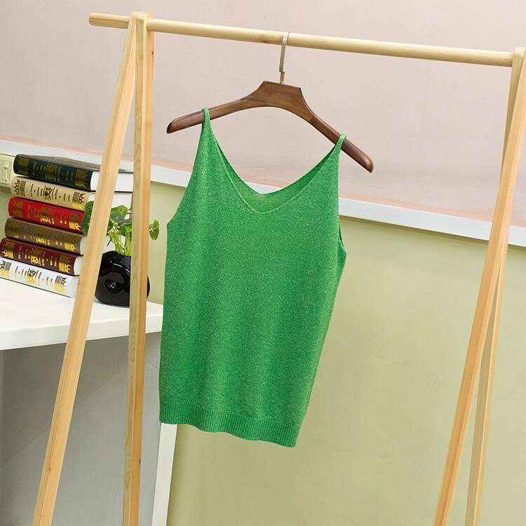Shiny Knit Camisole for Women, Summer Thin Short Slim Fit Sexy Silver Thread Base Shirt