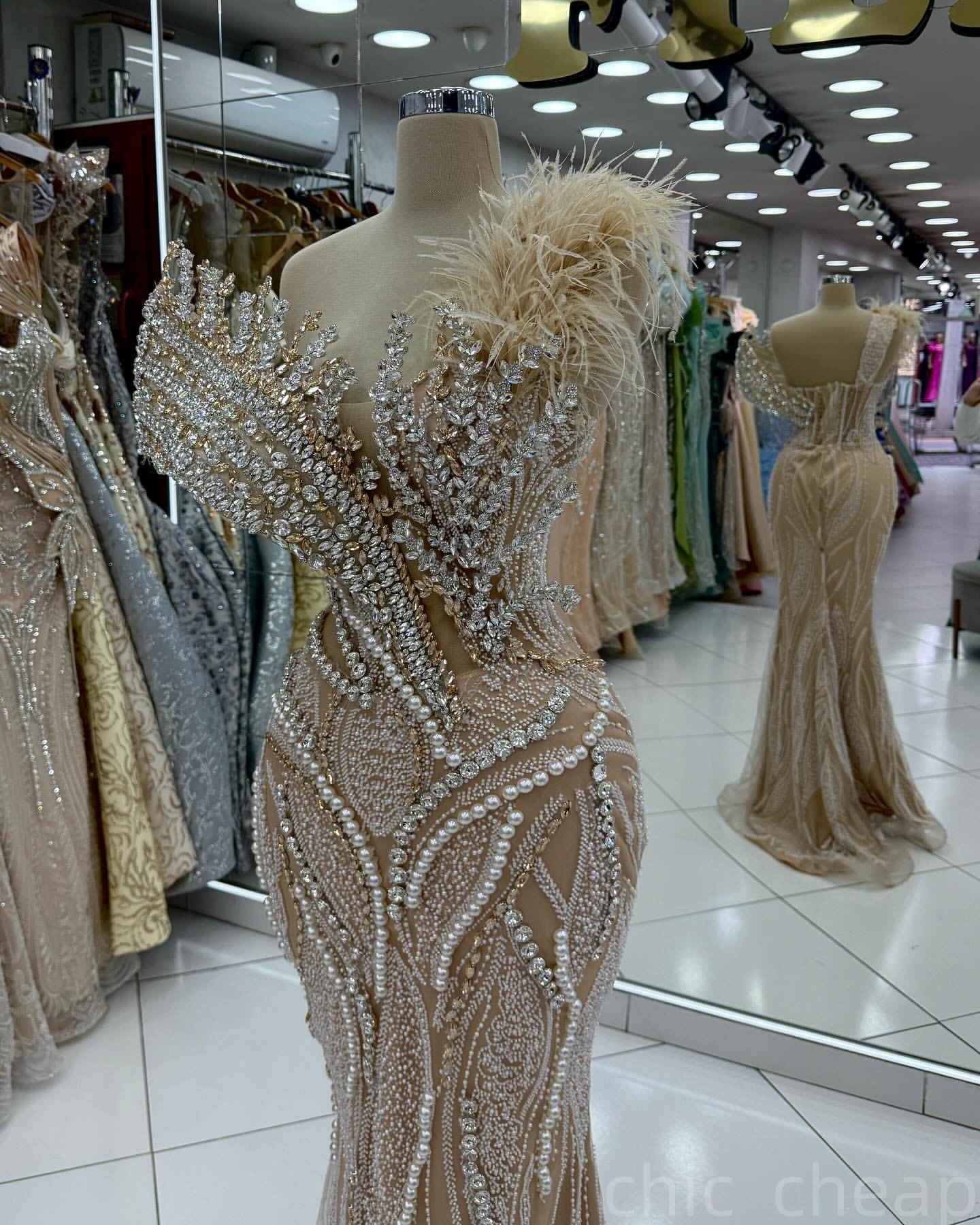 Champagne Mermaid Prom Dresses 2025 Illusion Crystals Feather Evening Formal Party Second Birthday Engagement Gowns Plus Size Dress For Special Occasi