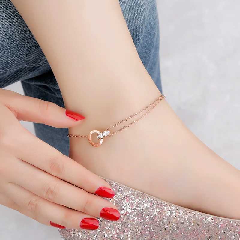 Retro Full Zircon Roman Numeral Double Rings Cross Leg Chain for Women New Luxury Stainless Steel Anklet Summer Beach Jewelry U250624