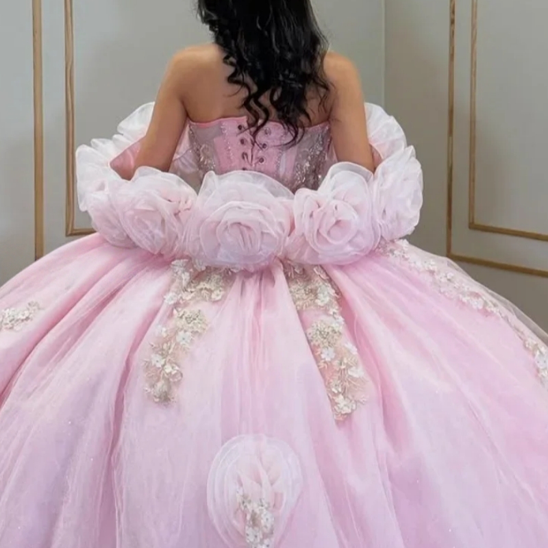 Charming Pink Off The Shoulder Quinceanera Dresses Ball Gown 3D Flower Appliques Beading Crystal Tull Sweet 16 Dress Vestidos De 15 Anos
