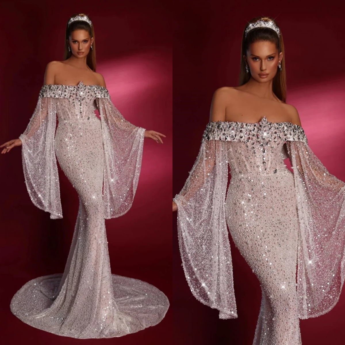 Modern Wedding Dresses Sequins Off Shoulder Bridal Gowns Crystal See Through Mermaid Illusion Customized Bride Vestidos De Novia Plus Size
