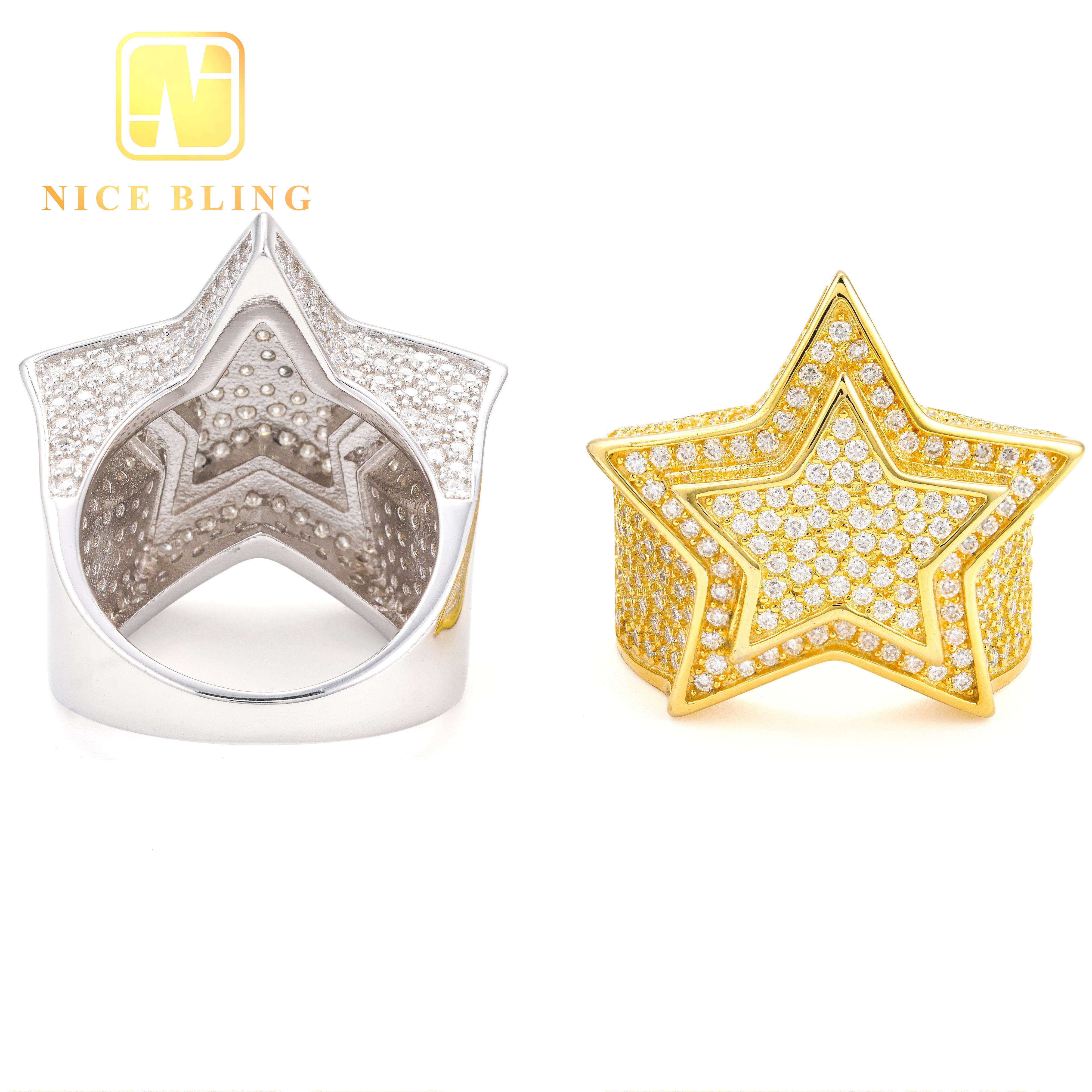 Popular Custom Star Shape Hip Hop Style Jewelry Men Ring Iced Out VVS Moissanite Diamond 925 Sterling Silver Men Women Rings