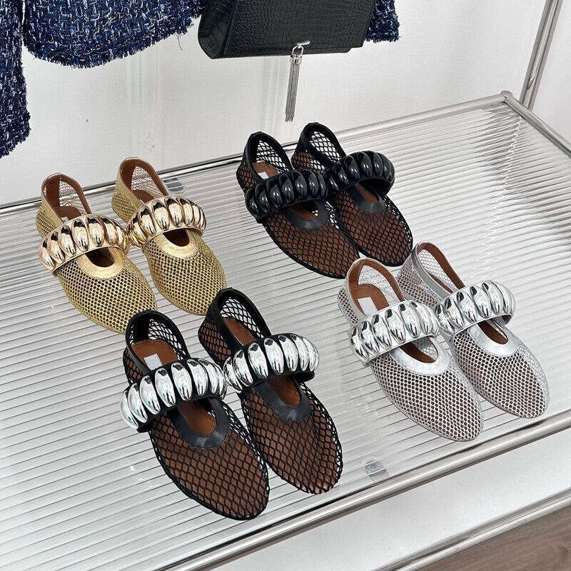 Metal Buckle Mesh Mary Jane for Women 2024 Summer New Fashionable Flat Comfortable Ballet Dance Shoes