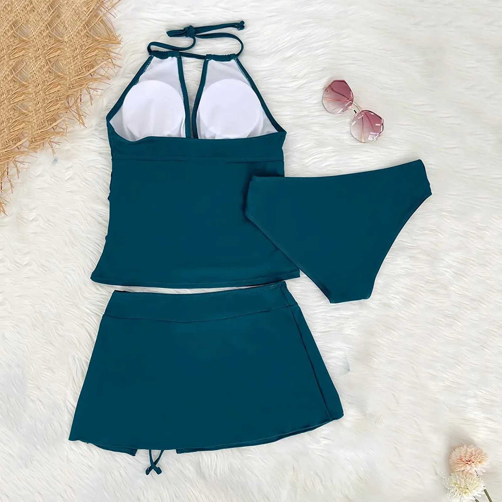 Bikini Womens 3 Piece Bathing Suit Solid Deep V Neck Halter Swimwear Top Solid Color Split Swimsuit Summer Beach Bathers SuitXJ250624