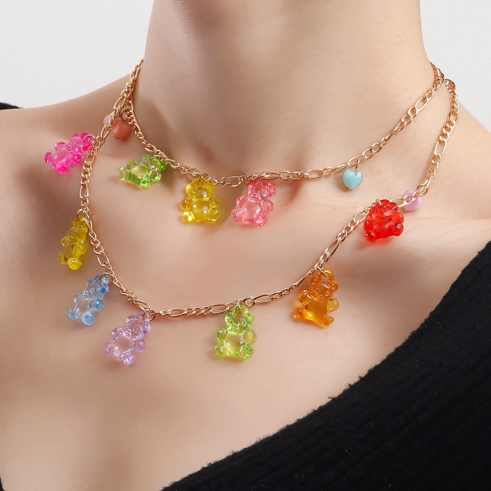 Trendy Double Layer Colorful Transparent Bear Heart Pendant Necklace for Women Unique Design Jewelry Jewelry for Women