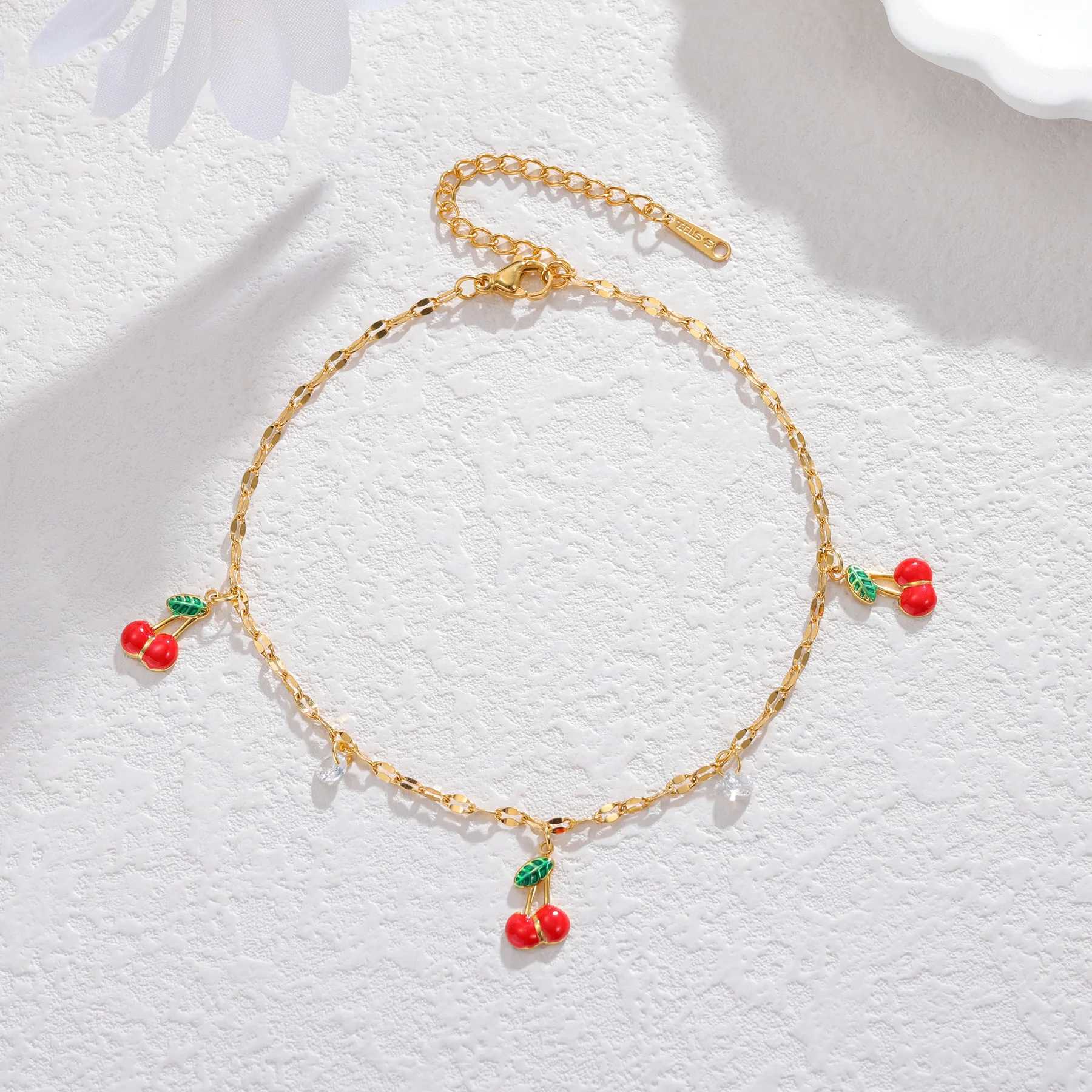 Freeteeme Fresh Cherry Chili Anklets for Women Girls Stainless Steel Fruits Stone Charms Leg Chains Beach Holiday Jewelry Gifts V250624