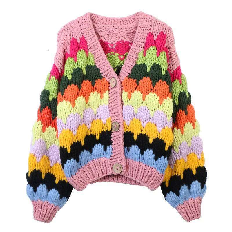 Jastie 2025 Autumn And Winter Women's Sweater Contrast Color Handmade Splicing Loose V-neck Thick Knitted Cardigan Coat