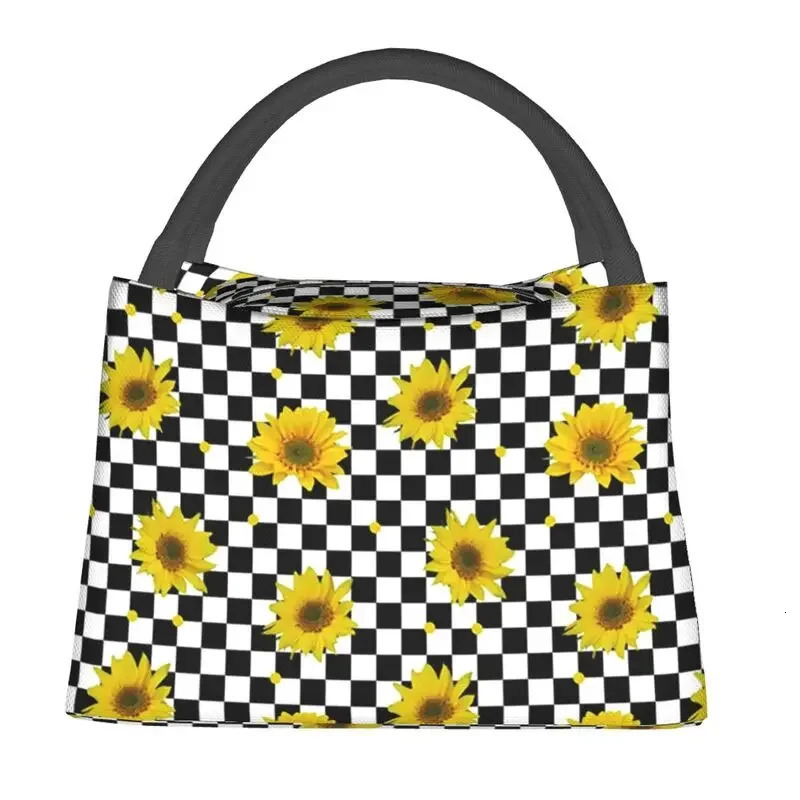 Sunflowers On Checkered Squares Insulated Lunch Bags for Women Beauty Floral Resuable Cooler Thermal Bento Box Hospital Office 250624