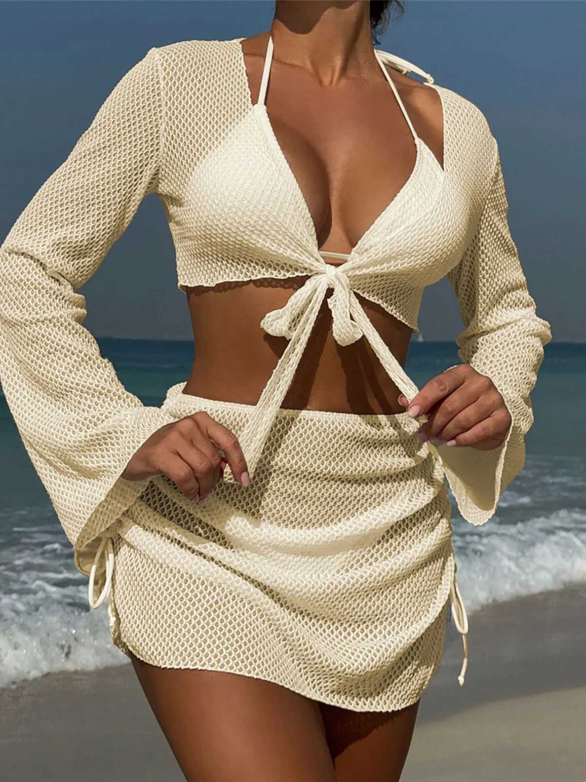 Sexy Long Sleeve With Skirt Halter Bikini Female Swimsuit Women Swimwear Four-piece Bikini set Bather Bathing Suit Swim V6358B XJ250624