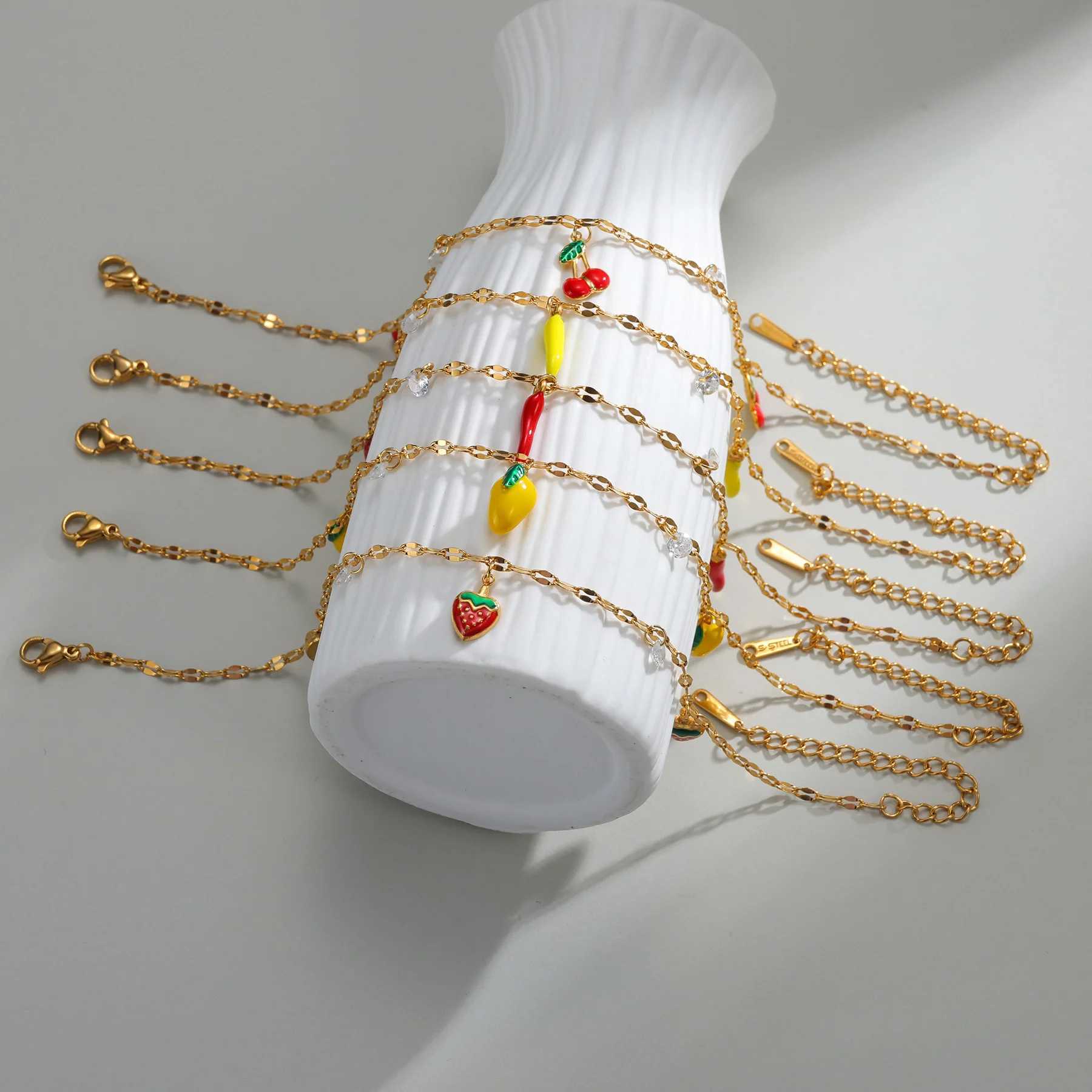 Freeteeme Fresh Cherry Chili Anklets for Women Girls Stainless Steel Fruits Stone Charms Leg Chains Beach Holiday Jewelry Gifts V250624