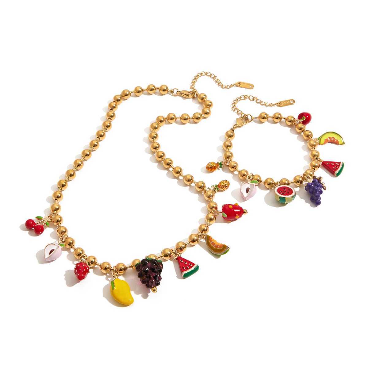Youthway Trendy Color Summer Fruits Peach Grape Charm Bracelet Necklace For Women Waterproof Stainless Steel Jewelry Gift Party X250625